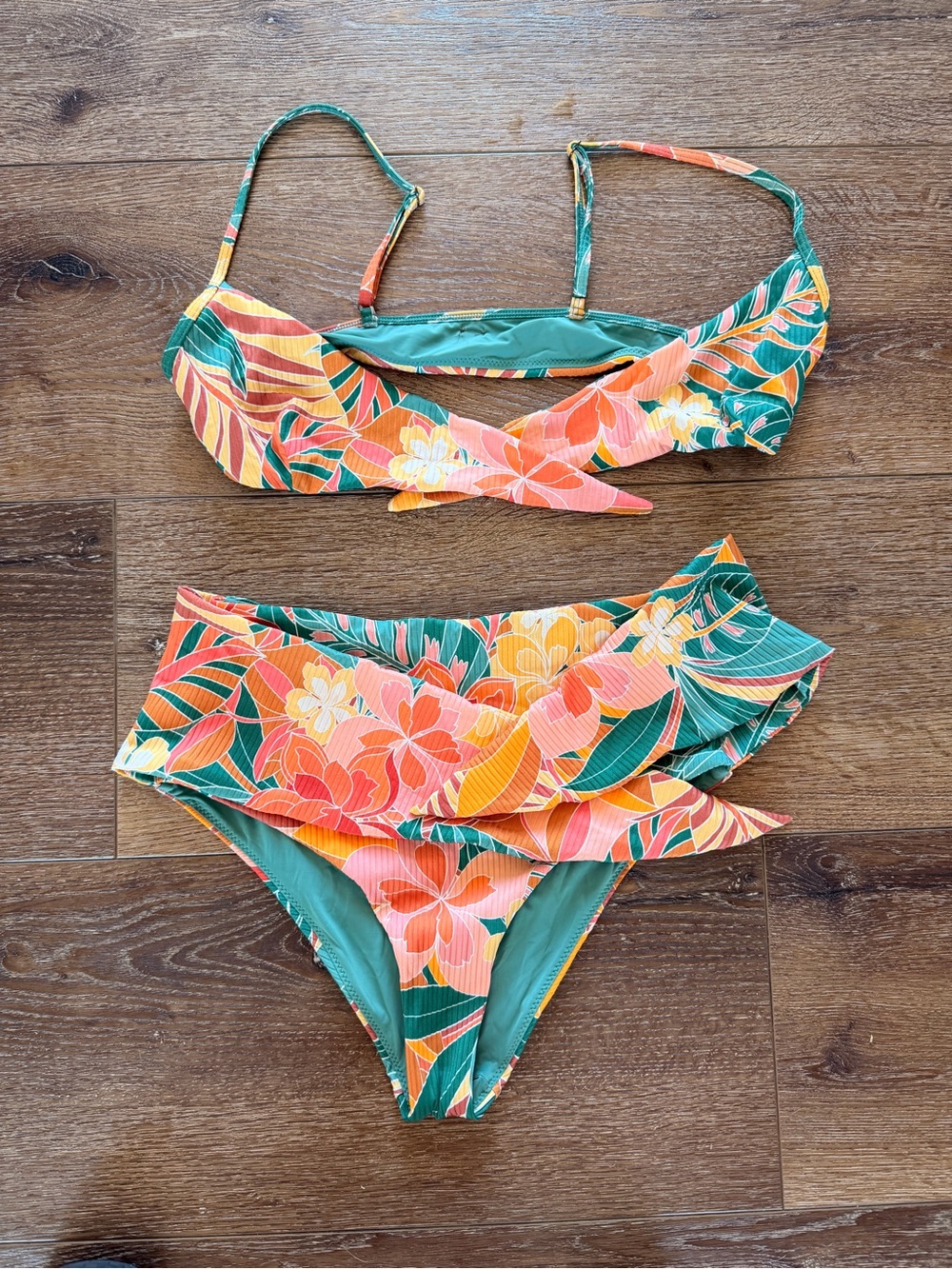 Rip Curl tropical Floral High-Waist Bikini Set in Green & Orange